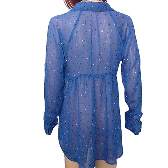 Express Sheer Long Sleeve Blue with Star Print Size Small Petite - Picture 4 of 8